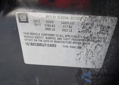 2018 Chevrolet Cruze Lt Auto из США, поврежденный, VIN 1G1BE5SM3J7134963